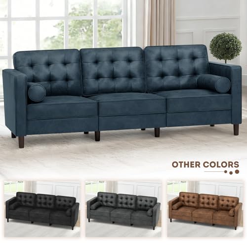Image of 84 inch Suede Leather Sofa with 2 Soft Pillows, Blue | Tufted Modern Sofa with Sturdy Wooden Legs, 3 Seats Couch for Living Room, Office, Bedroom