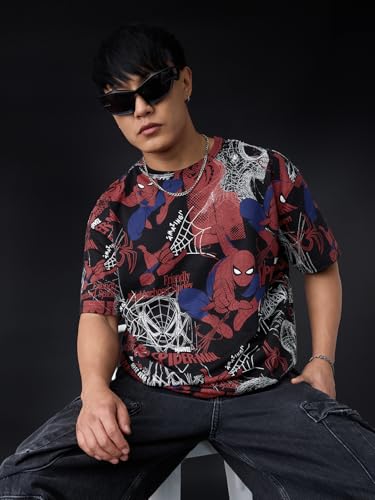 Image of The Souled Store Official Marvel: Spider x Venom Oversized T-Shirt for Men Boys Cotton Casual Half Sleeves Baggy Loose Fit Drop Shoulder Round Neck Black