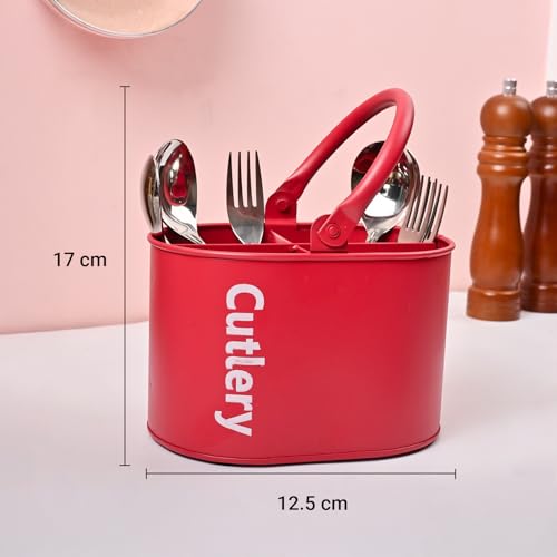 Image of MARKET 99 Galvanised Iron Red Cutlery Holder with Oval Shape and Matte Finish | Knife and Fork Holder for Kitchen | Cutlery Stand | Dining Utensil Rack for Dining Table