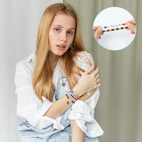 Y1tvei Autism Awareness Clay Bead Bracelets - 7Pcs Autism Awareness Colorful Clay Bead Surfer Bracelet Puzzle Piece Pendant Bracelet String Layering Stackable Stretch Bracelet Gift for Women Kid3