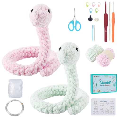 FREEBLOSS 4set Crochet Snake Kit Crochet Animal Kit Crochet Kit for Beginners with Video Tutoria Snake Crochet Starter Kit for Adults DIY Animal Knitting Craft Supplies Beginners Crochet Kit