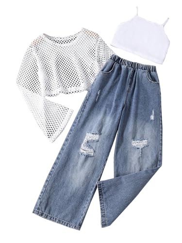 Image of OYOANGLE Girl's 3 Piece Outfits Cami Crop Top and Crochet Hollow Out Tee with Ripped Jeans Pants Set