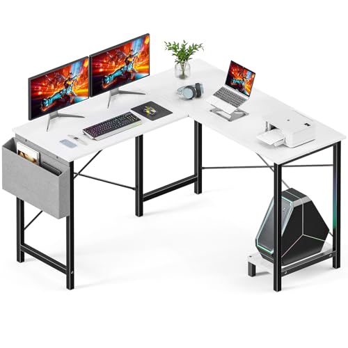 DUMOS L Shaped Desk Computer Gaming Corner Table 50 Inch Home Office Writing Student Work PC Workstation with Side Storage Bag CPU Stand for Bedroom Small Spaces