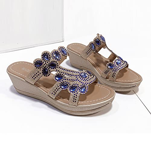 Pantoufles compensées femmes à semelle strass chic bleu 38