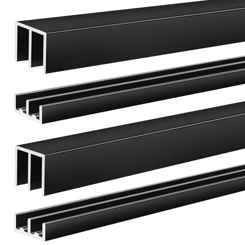 Landical 2 Set 4 ft Black Aluminum Sliding Door Track Set for 1/4' Panels, Top and Bottom Closet Door Metal Track for Cabinet, Showcase, Glass or Wood Sliding Doors