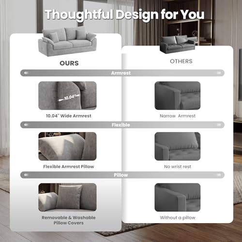 Image of 89.8 inch Modern Loveseat Sofa for Living Room, Cloud Boneless Couches with 4 Pillows, Mid Century Loveseat couches for Small Place, No Assembly Required, Light Grey