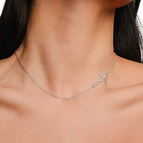 EleQueen 925 Sterling Silver Sideways Cross Pendant Choker Necklace Christian Jewelry Gifts for Mother Women Girls (Sideways Cross Necklace), Valentine's Day/Mother's Day/Christmas Jewelry Gift for Wife/Mom3
