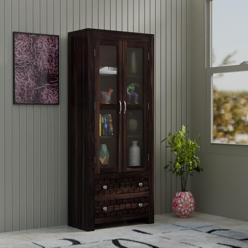 Image of Sheesham Wood Bookshelf with Glass Door for Home Library Solid Wood Bookcase Wooden Crockery Cabinet for Kitchen Book Shelf (Walnut Finish)