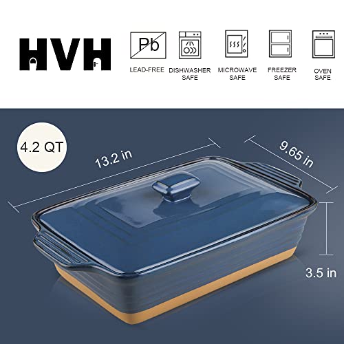 HVH Ceramic Casserole Dish with Lid Oven Safe, 3.5 Quart Large Casserole Dish, Covered Rectangular Casserole Dish Set, 9x13 Casserole Dish, Baking Dishes for Casseroles, Farmhouse Style (Blue)