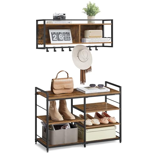 VASAGLE Hall Tree with Shoe Bench, Coat Rack Shoe Bench Set, Entryway Furniture, Multifunctional, 12 Metal Hooks, 4-Tier Shoe Rack, for Entryway, Bedroom, Rustic Brow ULSB107K01