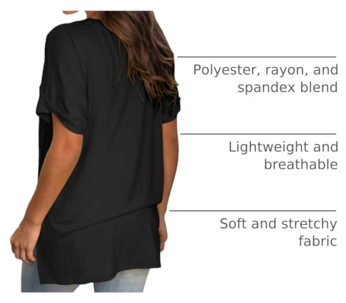 Image of Sampeel Women's V Neck T Shirts Casual Rolled Short Sleeve Side Split Summer Tops Loose Fit
