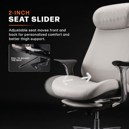 Image of Drogo Amara Ergonomic Office Chair for Work & Home- Luxury Semi-Silicone Leather, 5cm Seat Depth Adjustment, Curved Headrest, PU Aluminium Armrest, 135 Recline with 3 Lock Positions, Footrest (Beige)