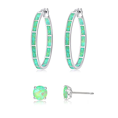 CiNily Opal Hoop Earrings,Women Jewelry Rhodium Plated/Rose Gold or Yellow Gold Plated Gemstone Big Hoop Earrings 32mm, 32 mm x 3 mm, White Gold Plated, Created Opal