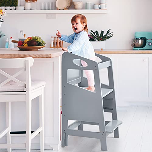 Image of Toddler Kitchen Stool Helper, RONIPIC Toddler Standing Tower with Safety Rail, Kids Wooden Kitchen Step Stool, 3 Heights Adjustable Toddler Tower for Kitchen Counter & Sink, Chalkboard, Anti-Slip