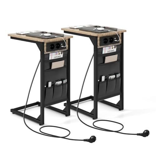COSTWAY Beistelltisch mit Ladestation & USB Anschlüssen, 2er Set Sofatisch C-Form, Nachttisch mit Seitentasche, 40 x 30 x 60 cm, Vintage
