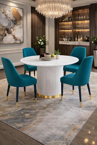 Image of 4 Seater Dining Table Set with 4 Chairs,2yr Warranty - Round Marble Dining Table (91x91x76 cm) - White Marble Top, Solid Wooden Base, Upholstered Chairs with Sheesham Wood Legs - Sea Blue