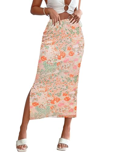 Milumia Women's Ditsy Floral Mesh Split Hem Long Skirt High Waisted Boho Midi Skirts
