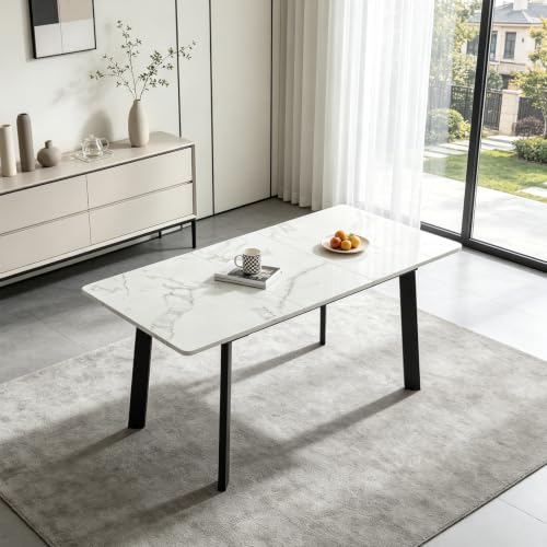 Image of Modern 47.2 inch-63 inch Extendable Rectangular Dining Table, White | Removable Extension Leaf, Durable MDF Tabletop, Accommodates 4-8 Guests, Great for Dining Room Small Kitchen & Dinner Spaces
