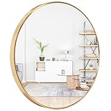 Amgngala Gold Round Mirror 24 Inch, Circle Mirrors with Hooks and Metal Framed, Round Wall Mirror for Bathroom, Bedroom, Entryway, Living Room, Vanity Room and Modern Decor