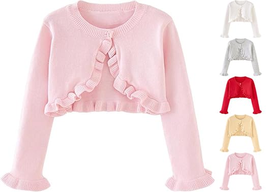 Girl's Bolero Cardigan Button Closure Ruffle Trim Long Sleeve Fall Cute Comfy Cropped Shrugs Sweater Tops Size 1-10