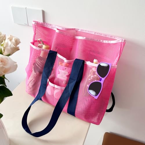Mesh Beach Bag XL Pink, Large Beach Bag Tote with Seashell Bag for Family Summer Travel4
