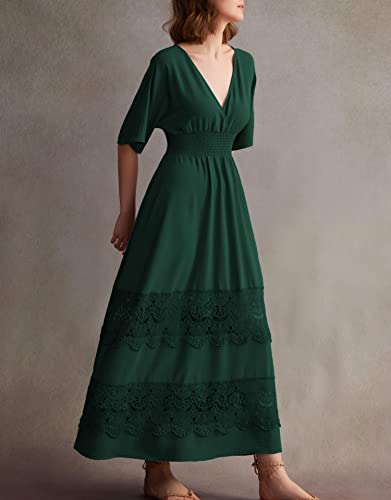 Image of Olaesa Boho Maxi Dress V Neck Short Sleeve Lace Smocked Waist Flowy Dress | Wedding Guest Dress with Pockets, Summer Bohemian Vacation Dress, Elegant Party Dress for Family photo& Baby Shower