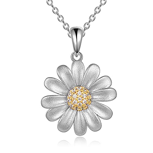CRMAD Daisy/Sunflower Flower Necklace Jewelry Gifts for Women Sterling Silver Flower Pendant