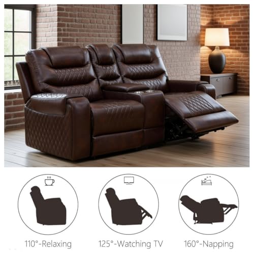 Image of Leather Recliner Loveseat Set, Power Leather Sectional Set with LED Light, Living Room Furniture Sets 2 Seats, Power Reclining Sofa Sets with Storage Console /Cup Holder for Living Room