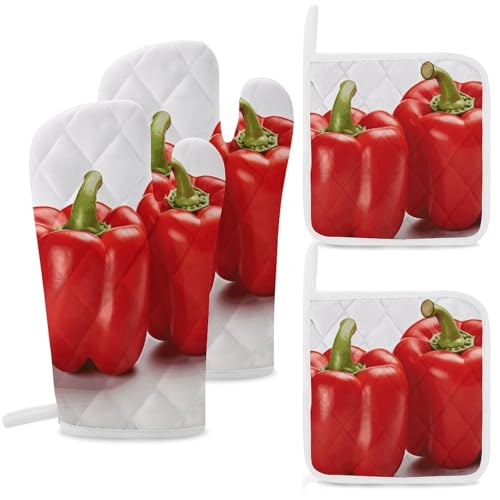 Two Red Bell Peppers Oven Mitts & Pot Holders Set, 4 pcs