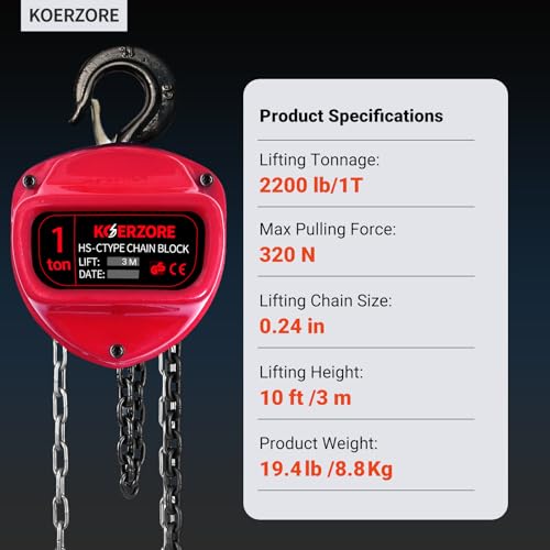 KOERZORE 1 Ton Hand Chain Hoist 2200 Lbs Capacity 10ft Lift, Lightweight 19.4lbs Manual Come Along Winch with G80 Steel Chain & Dual Hooks for Engine Lift, Warehouses, Automotive, Machinery