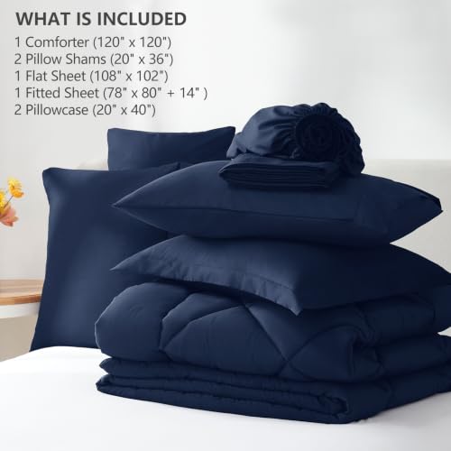 Image of CozyLux Super King Comforter Set Navy Blue, 7 Pieces Bed in a Bag Comforter Set with Sheets, All Season Bedding Set with Down Alternative Comforter, Sheets, Pillowcases & Shams