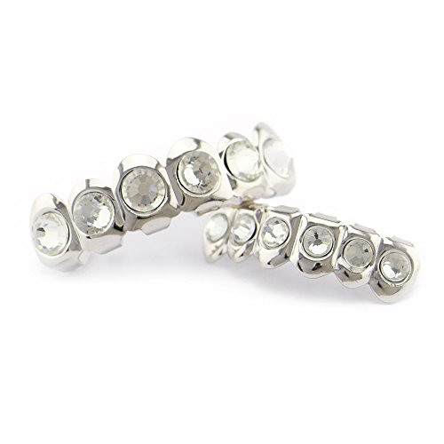 17Rainbow Gold Plated Big Round Cz Diamonds Custom Hip Hop Teeth Grillz Top & Bottom Mouth Teeth Grills Set Unisex Cosplay Teeth (Silver Tone) #TOP1