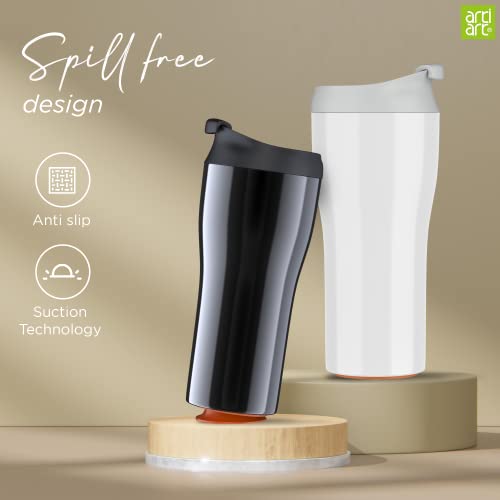 Image of Lark Stainless Steel Spill Proof Mug, Vacuum Insulated Travel Coffee Mug with Flip Up Lid, Patented Design & Suction Technology (Taiwan), Hot & Cold - 8 Hours, Tea & Coffee Mug (380 ML) White