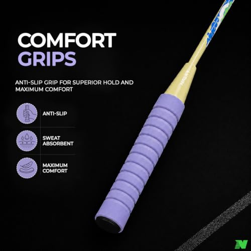 Image of Wide Body Aluminium Badminton Racket Set of 2 for Men & Women | Racquets with High Tension Strings | Indoor & Outdoor Racket with Carry Bag (Purple & Yellow)