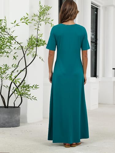 KORSIS Dresses for Women Short Sleeve Casual Summer Lake Blue M Long T-Shirt Maxi Dress Loose Beach Vacation Sundress with Pockets — view 5