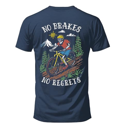Salty Bones No Brakes No Regrets Mountain Bike Cycling Graphic T-Shirt Classic Fit Printed in USA (US Alpha Large Regular Regular Heather Navy)