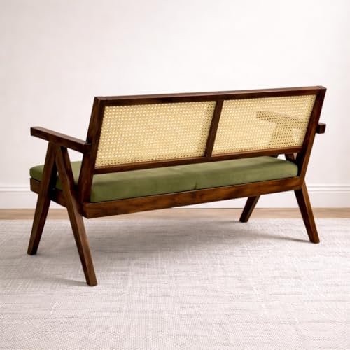 Image of Sainistree Furniture | Solid Sheesham Wood Rattan Armchair | Teak Brown Finish, Cane Back & Geen Upholstery | Mid-Century Modern Accent Chair for Living /Dining Room (2 Seater Bench)