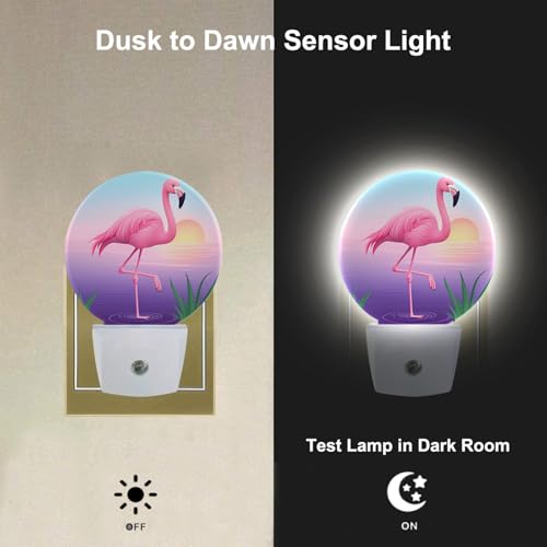 Image of Tropical Night Light Flamingo Walking by Lake Sunset Jungle LED Dusk to Dawn Plug-in Nightlight Auto Sensor for Bedroom Bathroom Hallway Living Room