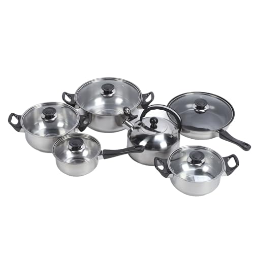 Fyearfly Juego de utensilios de cocina de acero inoxidable, ollas y sartenes antiadherentes con asas negras, calidad asequible para cada cocina