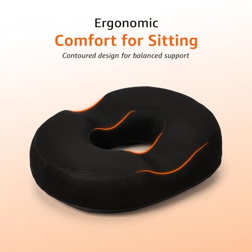 Image of amazon basics Memory Foam Donut Shape Coccyx Seat Pillow in Black | Mesh & Anti Skid (44 x 35 x 7 cm)