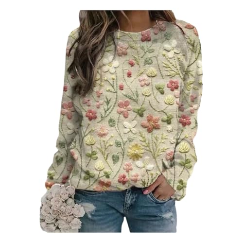 Eyhooke Damen Herbst Winter Pullover Strickpullover Rundhals Langarm Pulli Sweatshirt mit Blumenmuster Aufdruck Warmer Sweater Oberteile (DE/NL/SE/PL, Alphanumerisch, M, Regular, Regular, Hellgrün)