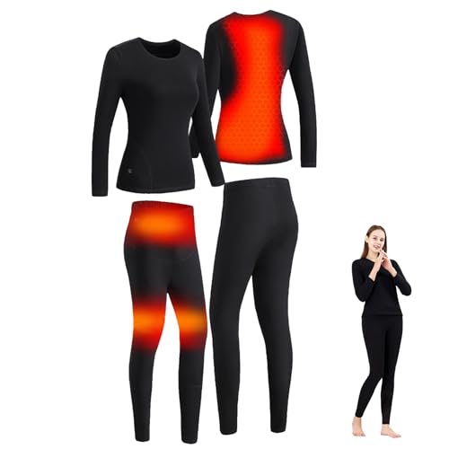 TOVCHEI Conjunto De Ropa Interior Térmica Calentada para Mujer, Conjunto De Camiseta De Capa Base con Calefacción Eléctrica Inteligente USB para Deportes Al Aire Libre Y Esquí,Negro,S