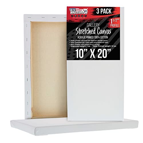 U.S. Art Supply 10"x20" Stretched Canvas for Painting, Gallery Depth 3-Pack