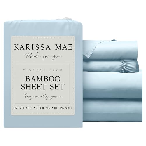 Image of KARISSA MAE Bamboo Viscose 34 inch Split Top King Size Sheet Set, FSC Certified | Single 34 inch Split Fitted Sheet | Sleep Number & Adjustable Bed | Cooling | 18 inch Deep Pocket w / Corner Straps [Coastal Blue]