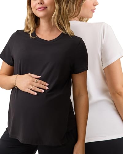 Kindred Bravely Essentials Cotton Maternity & Nursing T-Shirt Breastfeeding Access Pregnancy Postpartum Top 2 Pack (Black & White Medium)
