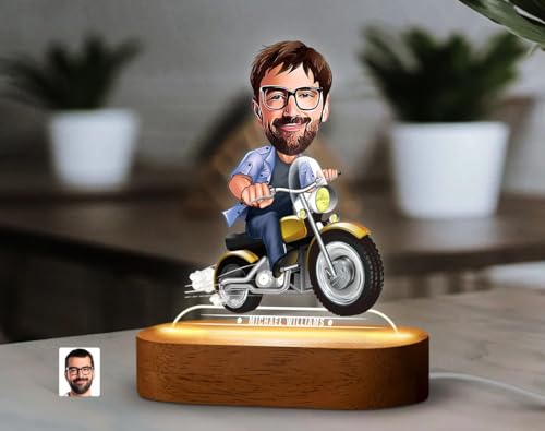 Image of THE GRANDEUR Caricature Gift for Men, Personalized LED Bike Rider Cartoon Figurine Gift for Men - Custom Name Light with Wooden Base, Birthday Gift for Him, (15 x 6 cm)