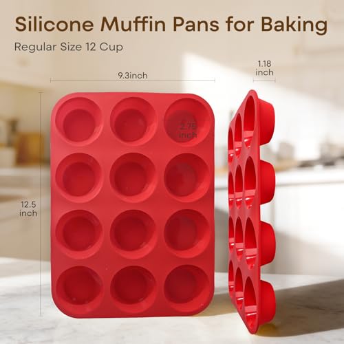 Ruinovate Silicone Muffin Pans for Baking Nonstick 2 Pcs, 12 Cup Regular Cupcake Pan, Food-Grade Silicone Baking Molds for Cupcakes, Egg Bites, Freezer, Red #1
