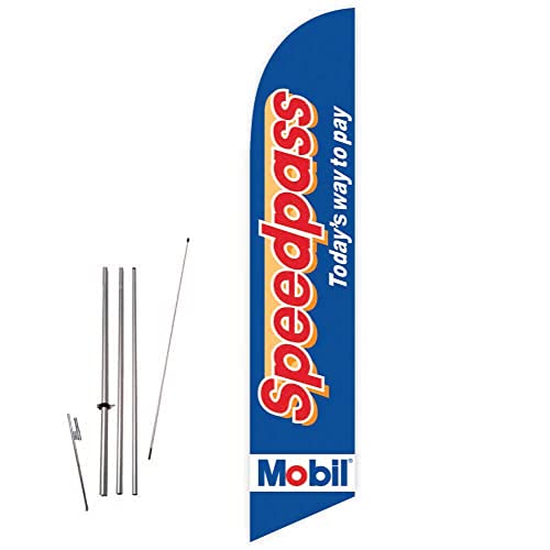 GLOBAL ADVERTISING SOLUTIONS Mobil Speedpass Blue Feather Flag Eye Catching Banner Sign for Business and Marketing Complete Set with 15 ft Pole Kit and Ground Spike