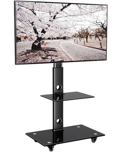 BONTEC テレビスタンド キャスター付き ハイタイプ 壁寄せ TV台 30〜70インチ 液晶テレビ対応 耐荷重40kg 高さ6段調整 左右37度回転 VESA600x400mm 2段強化ガラス棚板付き スチール製 耐震 省スペース設計