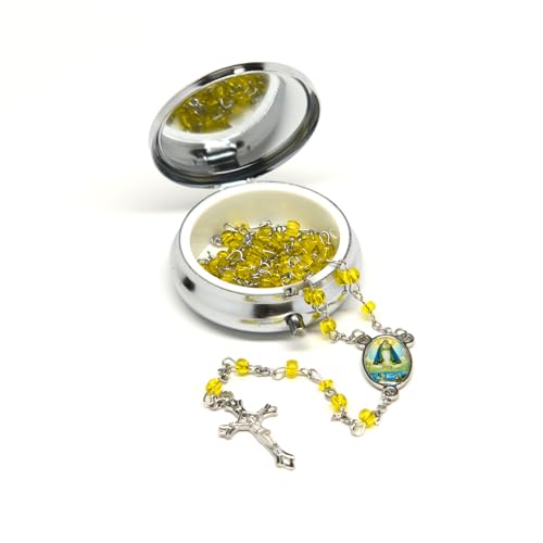Catholic Town Rosary Necklace with Our Lady of Charity "Virgen de la Caridad del Cobre" center piece, Cross Crucifix and metallic box (Available in Red, White and Yellow colors)2